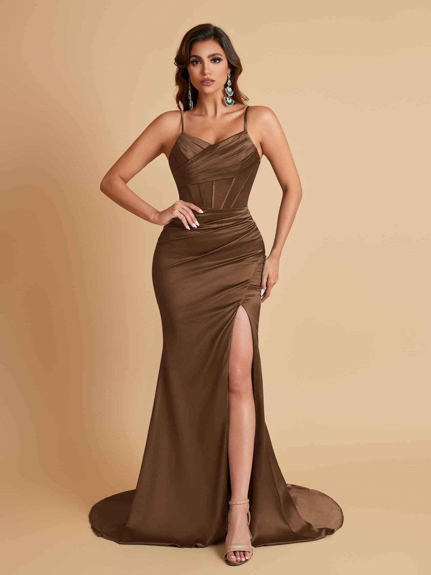 Sexy Spaghetti Straps V Neck Soft Satin Side Slit Floor-Length Mermaid Bridesmaid Dresses
