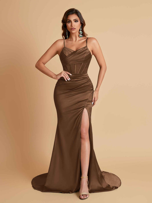 Sexy Spaghetti Straps V Neck Soft Satin Side Slit Floor-Length Mermaid Bridesmaid Dresses