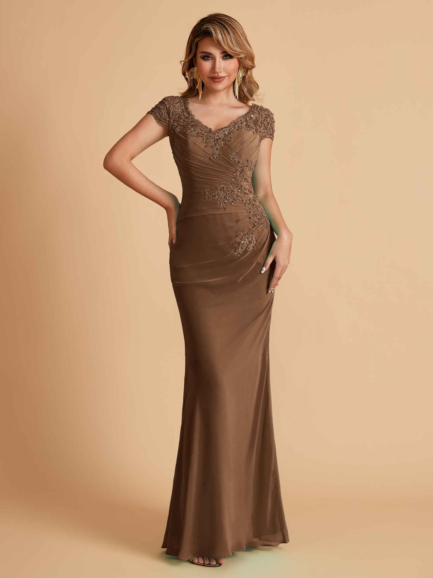 Elegant Mermaid Chiffon Cap Sleeves V-Neck Mother of the Brides Dresses Online