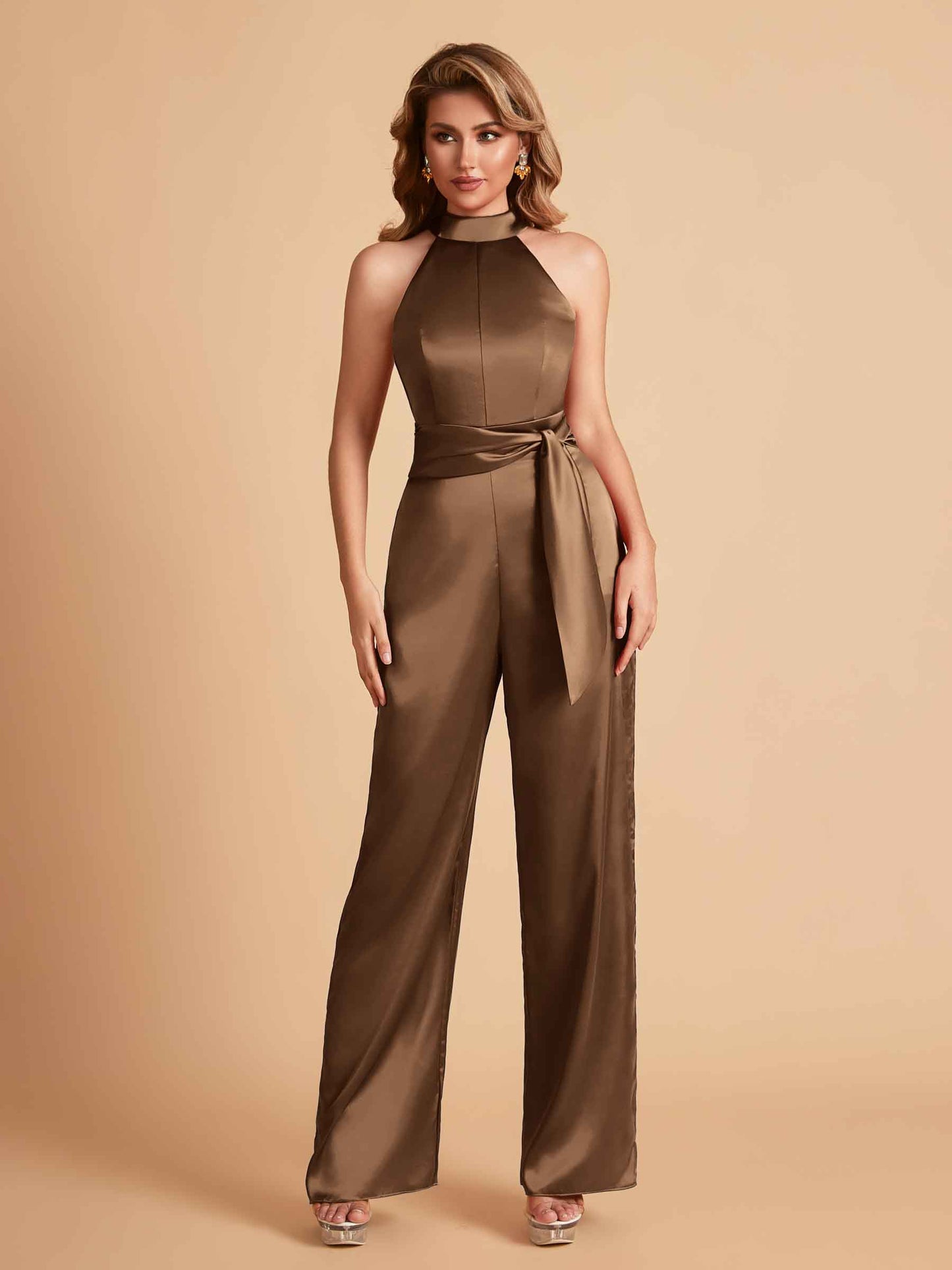 Elegant Satin Halter Sleeveless Satin Floor Length Bridesmaid Jumpsuit
