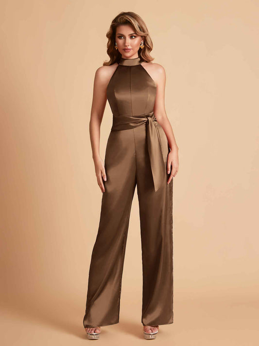 Elegant Satin Halter Sleeveless Satin Floor Length Bridesmaid Jumpsuit