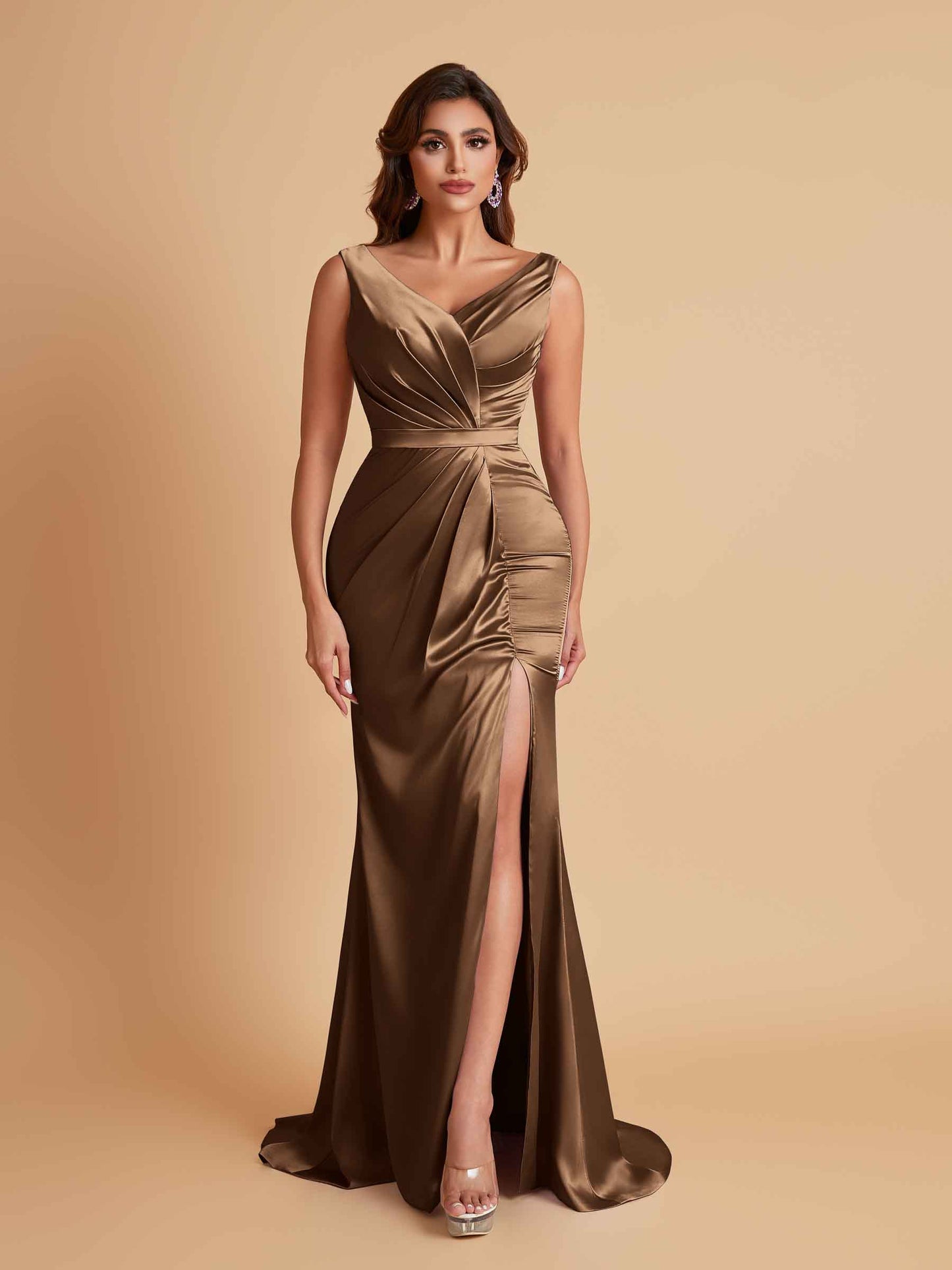 Elegant V Neck Soft Satin Side Slit Floor-Length Mermaid Bridesmaid Dresses