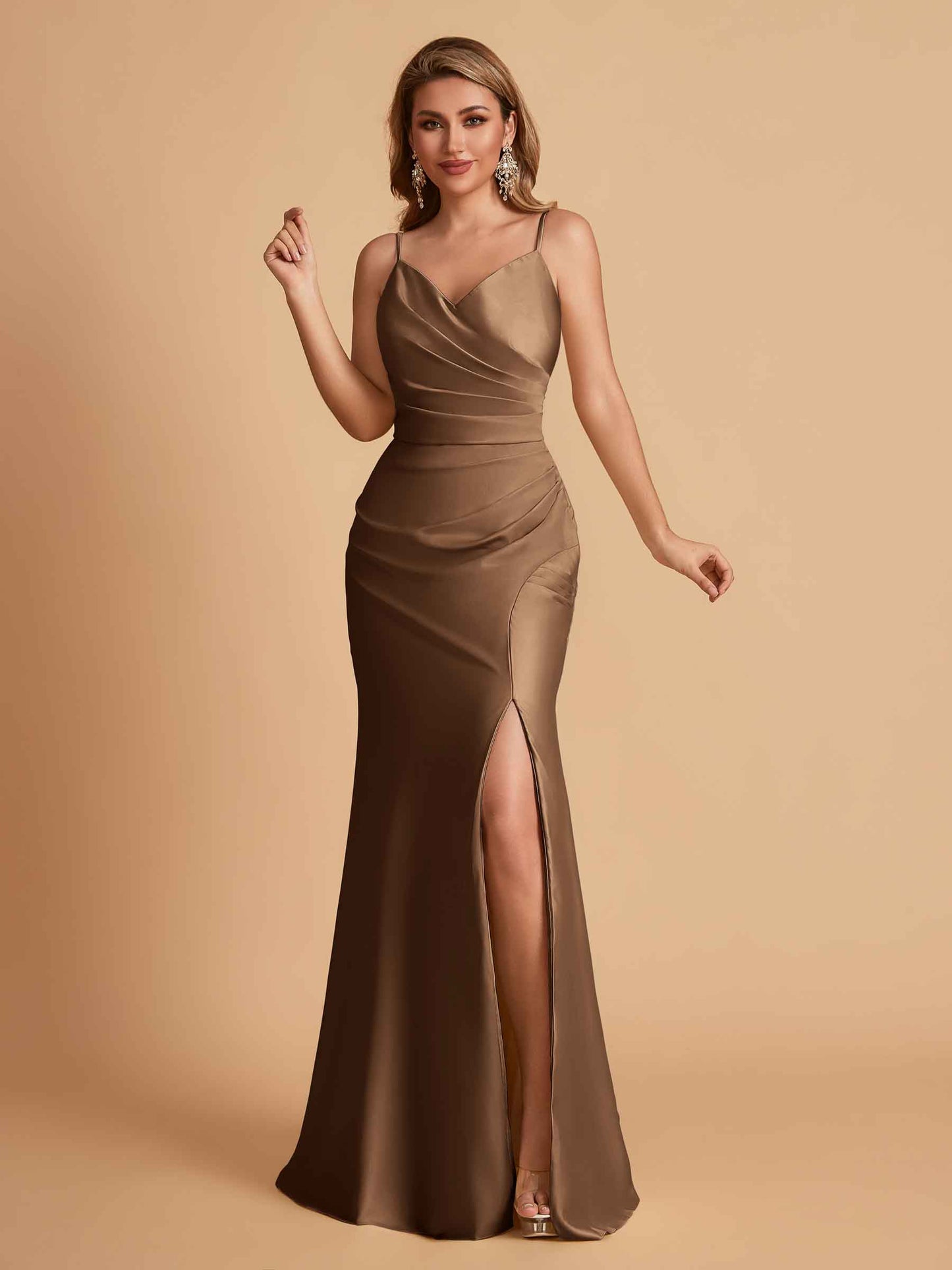 Elegant Satin Spaghetti Straps Mermaid Side Slit Floor Length Bridesmaid Dresses