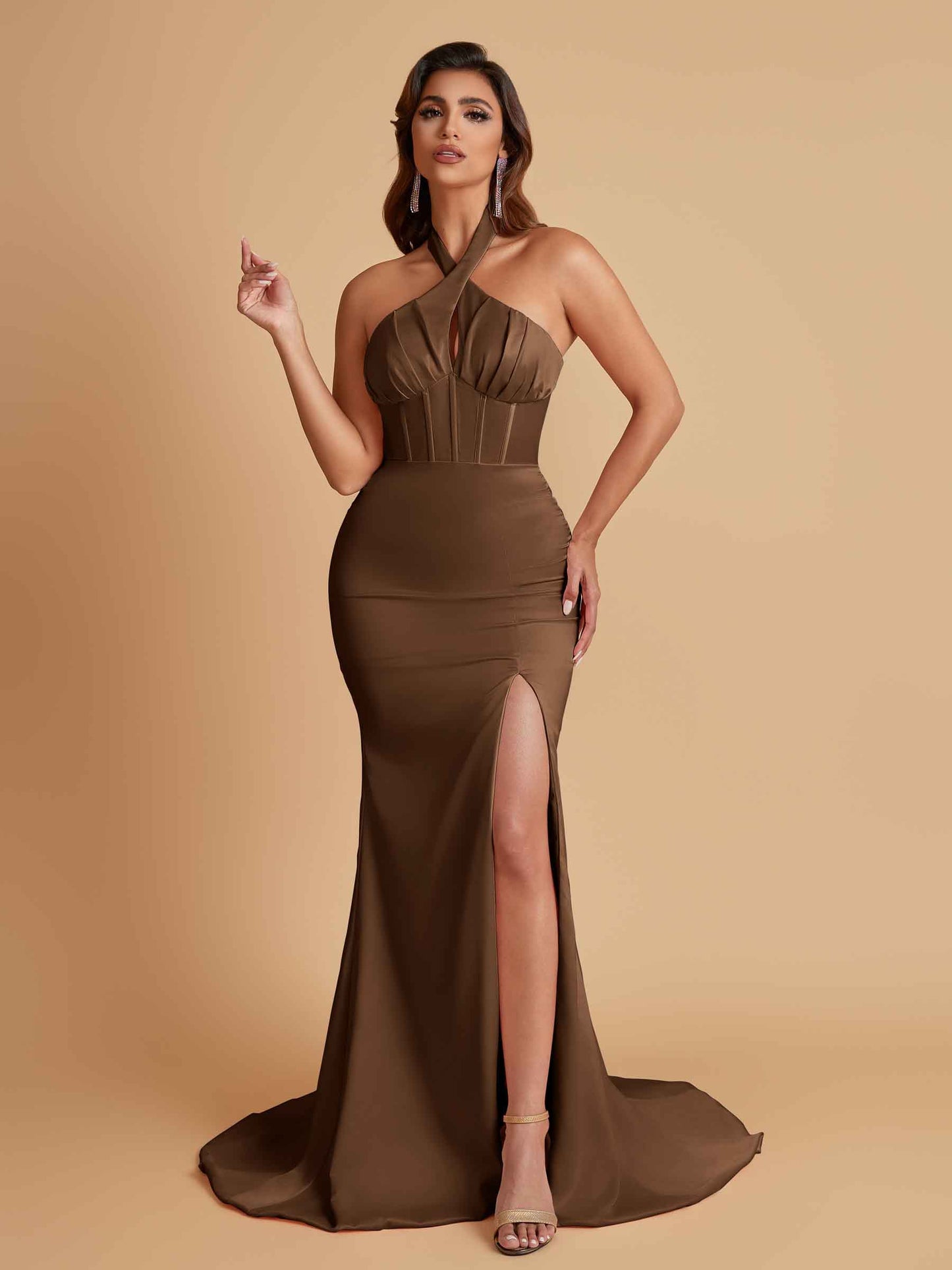 Elegant Soft Satin Mermaid Halter Side Slit Floor-Length Bridesmaid Dresses Online
