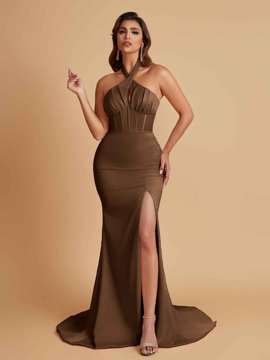 Elegant Soft Satin Mermaid Halter Side Slit Floor-Length Bridesmaid Dresses Online