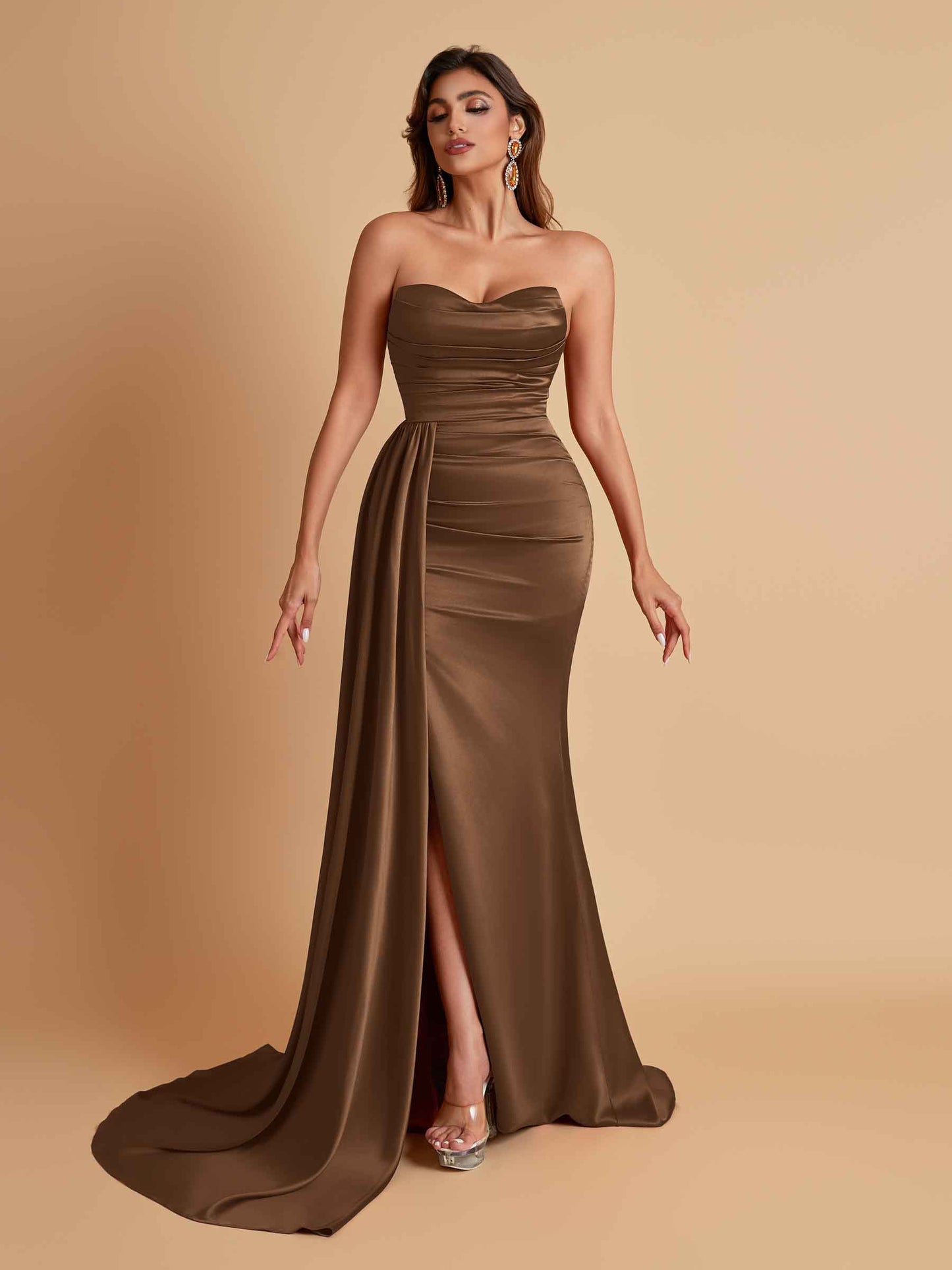 Elegant Soft Satin Sweetheart Strapless Side-Slit Mermaid Bridesmaid Dresses