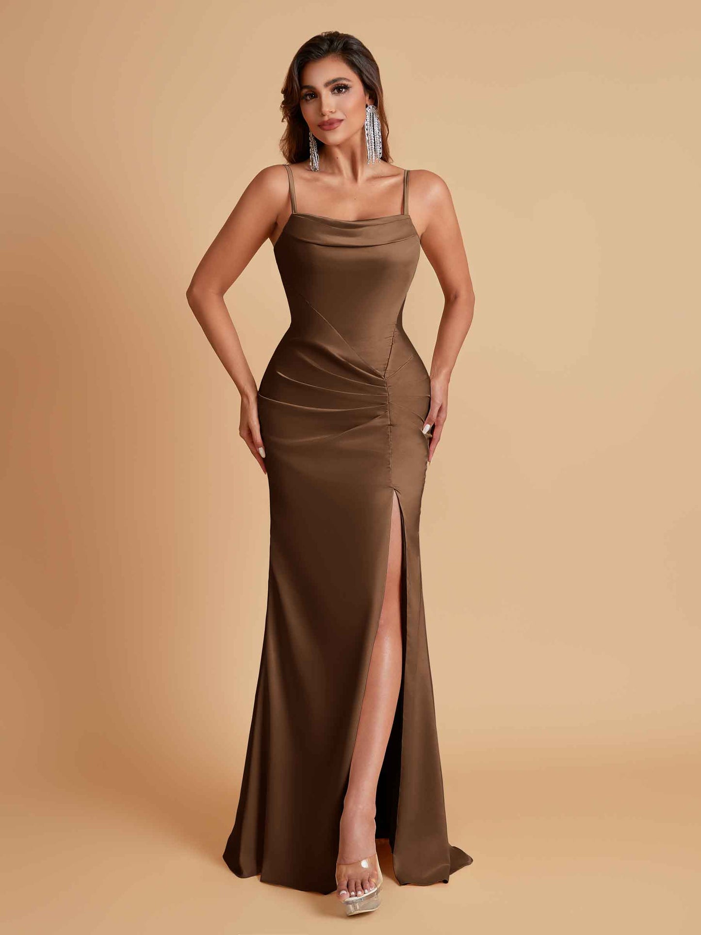 Gorgeous Spaghetti Straps Soft Satin Side Slit Floor-Length Mermaid Bridesmaid Dresses