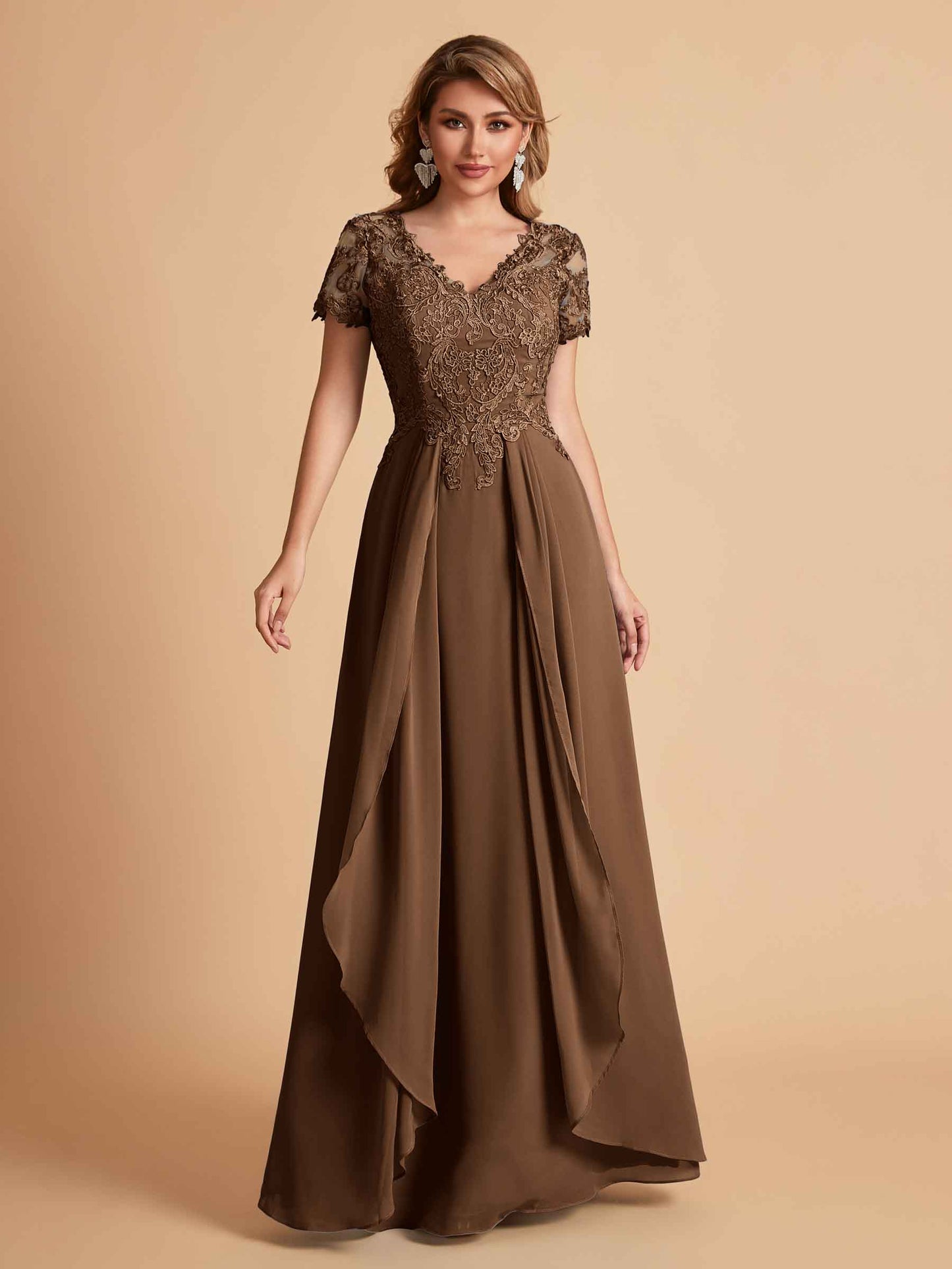 Elegant A-Line Chiffon Short Sleeves V-neck Mother of the Brides Dresses Lace Top MOB Dresses