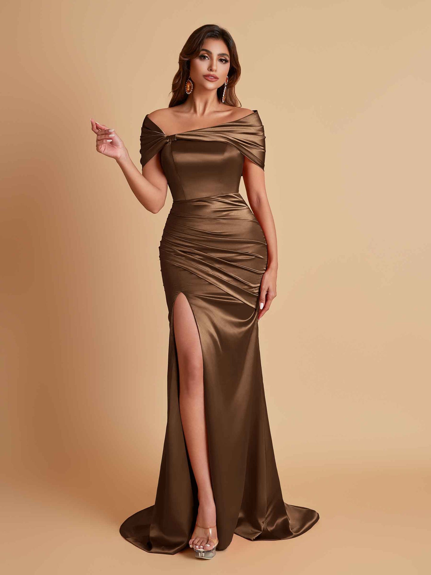 Elegant Soft Satin Off-the-shoulder Side-Slit Mermaid Bridesmaid Dresses