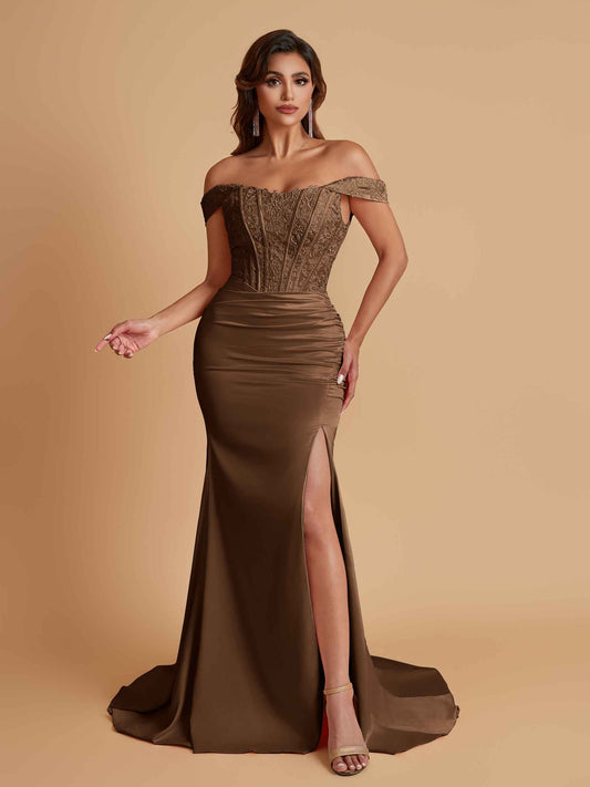 Elegant Soft Satin Mermaid Off Shoulder Side Slit Floor-Length Mermaid Bridesmaid Dresses