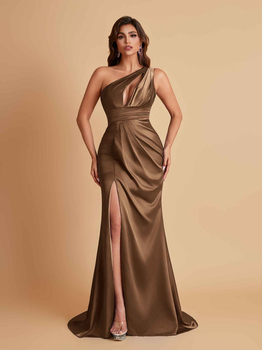 Sexy One Shoulder Soft Satin Side Slit Floor-Length Mermaid Bridesmaid Dresses