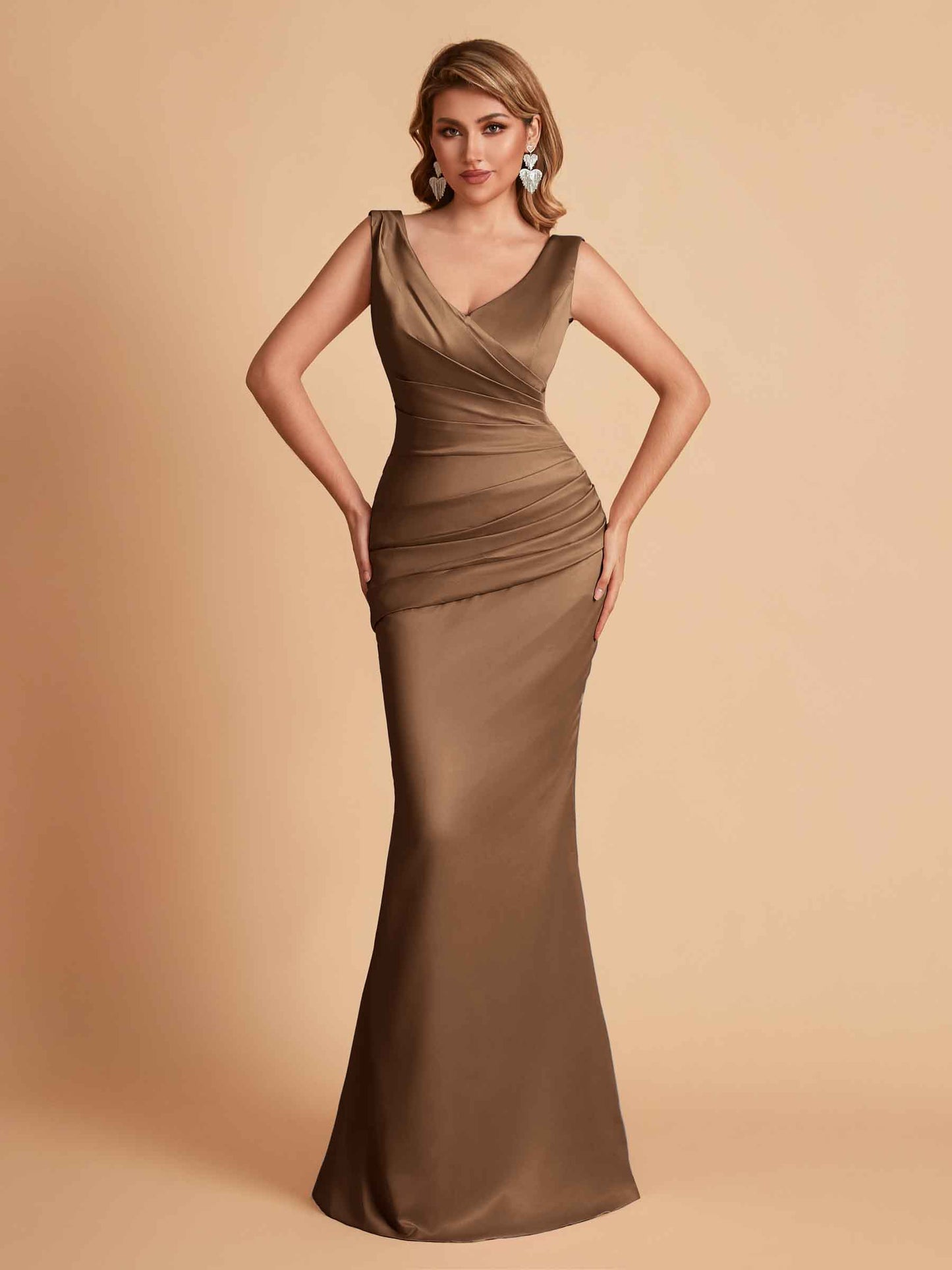 Elegant Satin V-neck Sleeveless Mermaid Floor Length Bridesmaid Dresses