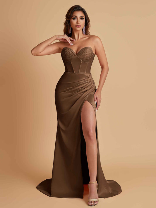 Elegant Soft Satin Mermaid V-neck Side Slit Floor-Length Bridesmaid Dresses Online