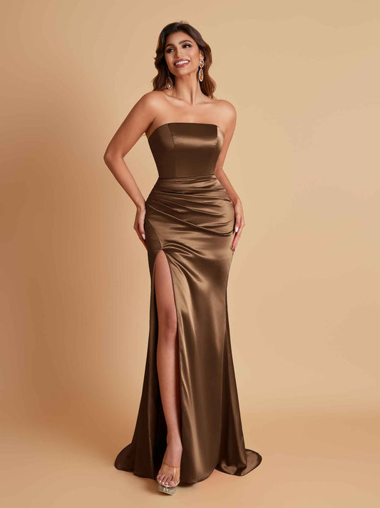 Elegant Soft Satin Strapless Split Side Mermaid Bridesmaid Dresses