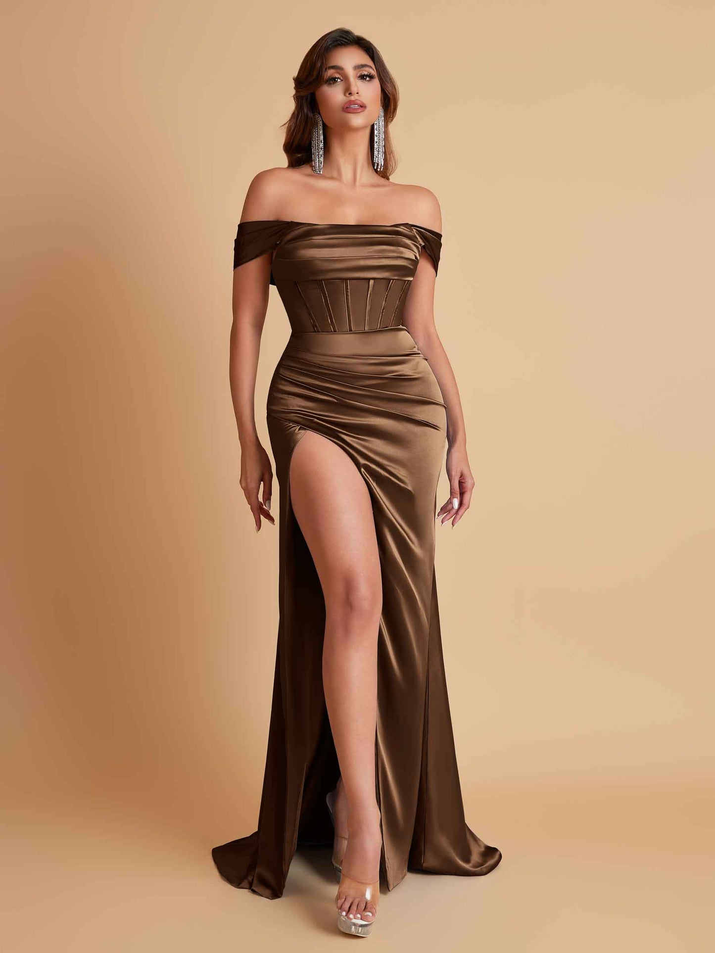 Sexy Off the Shoulder Soft Satin Side Slit Floor-Length Mermaid Bridesmaid Dresses