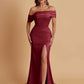 Elegant Soft Satin Mermaid Off Shoulder Asymmetrical Side Slit Floor-Length Bridesmaid Dresses