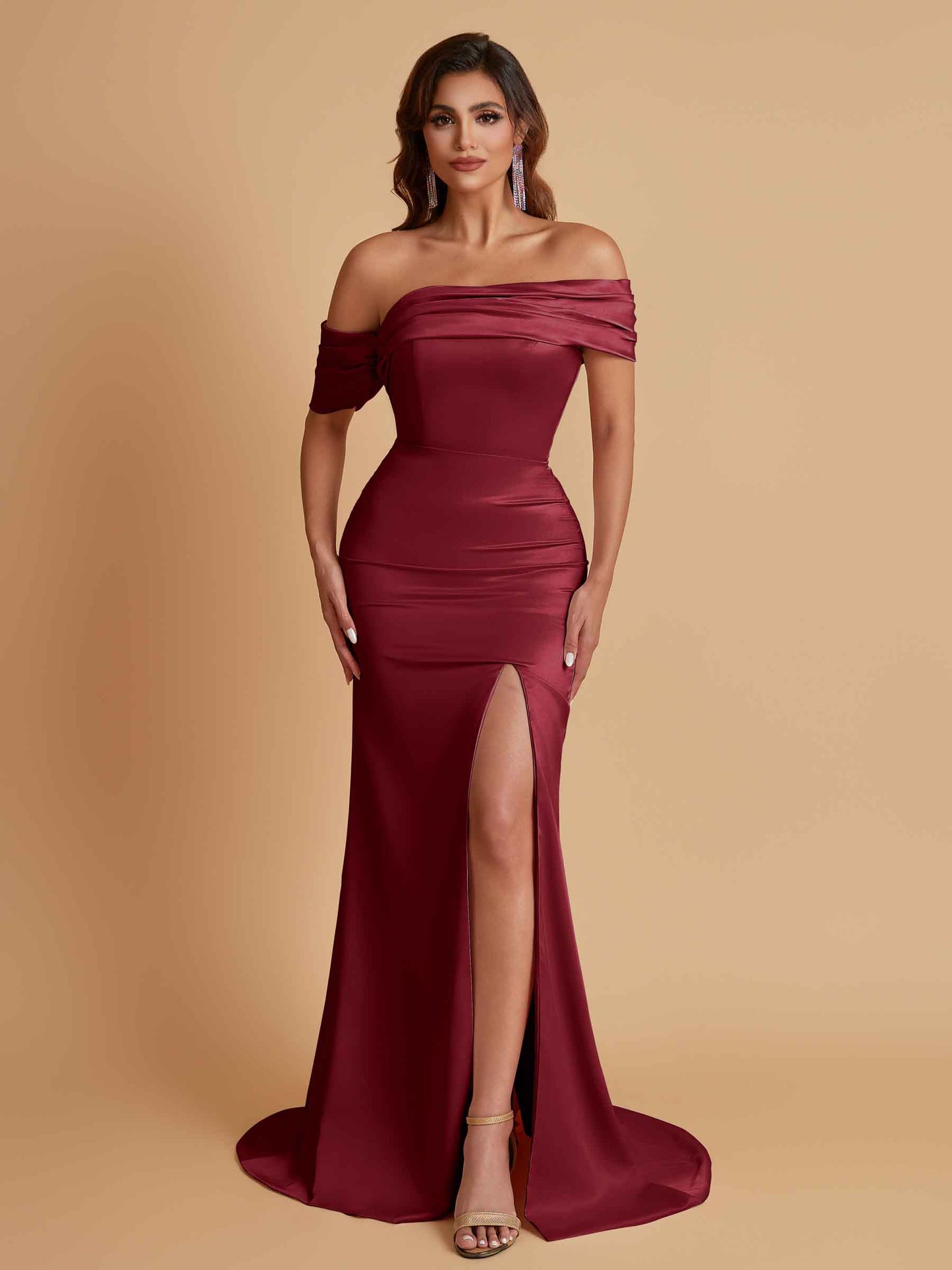 Elegant Soft Satin Mermaid Off Shoulder Asymmetrical Side Slit Floor-Length Bridesmaid Dresses