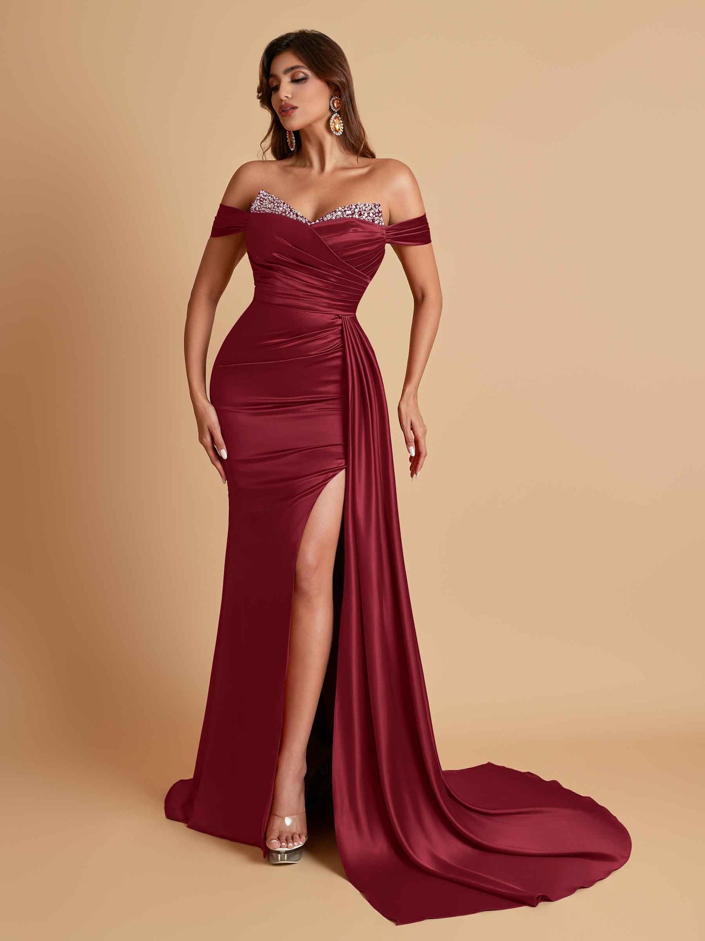 Gorgeous Soft Satin V-neck Off-the-Shoulder Side-Slit Mermaid Bridesmaid Dresses