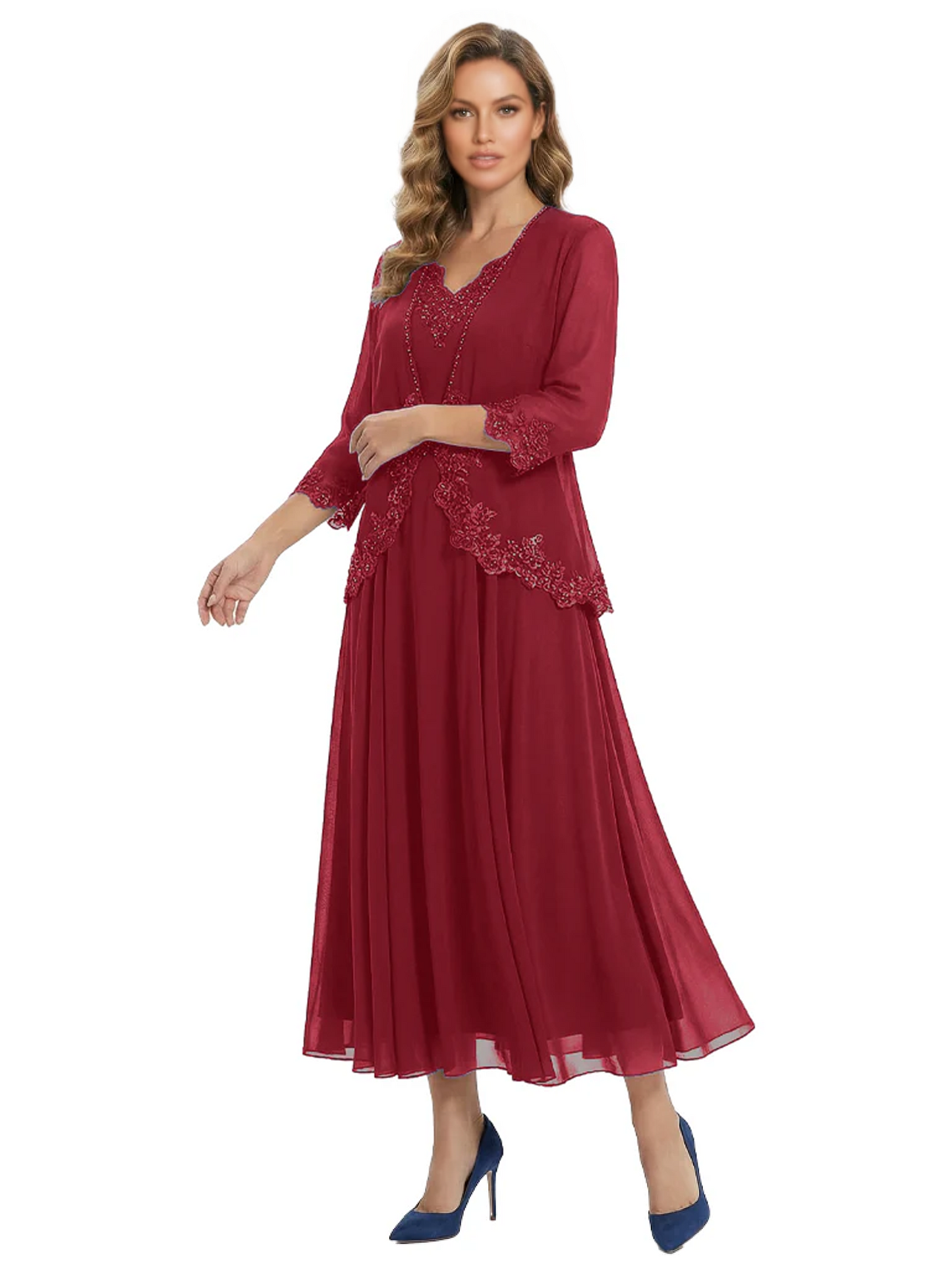 3/4 Sleeve Chiffon Mother of the Brides Dresses V-Neck Wedding Party Gowns