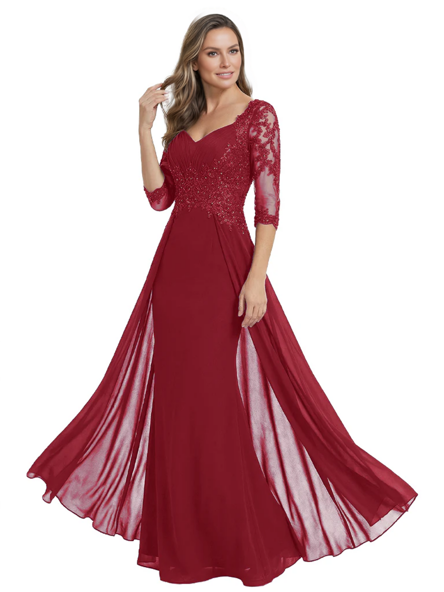 Luxury Burgundy Formal Dress Embroidered Lace Bodice Flowy Chiffon Gown 2026