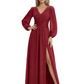 A-Line Mother of Bride Dress V-Neck Chiffon Gown Long Sleeves Slit Formal Dress