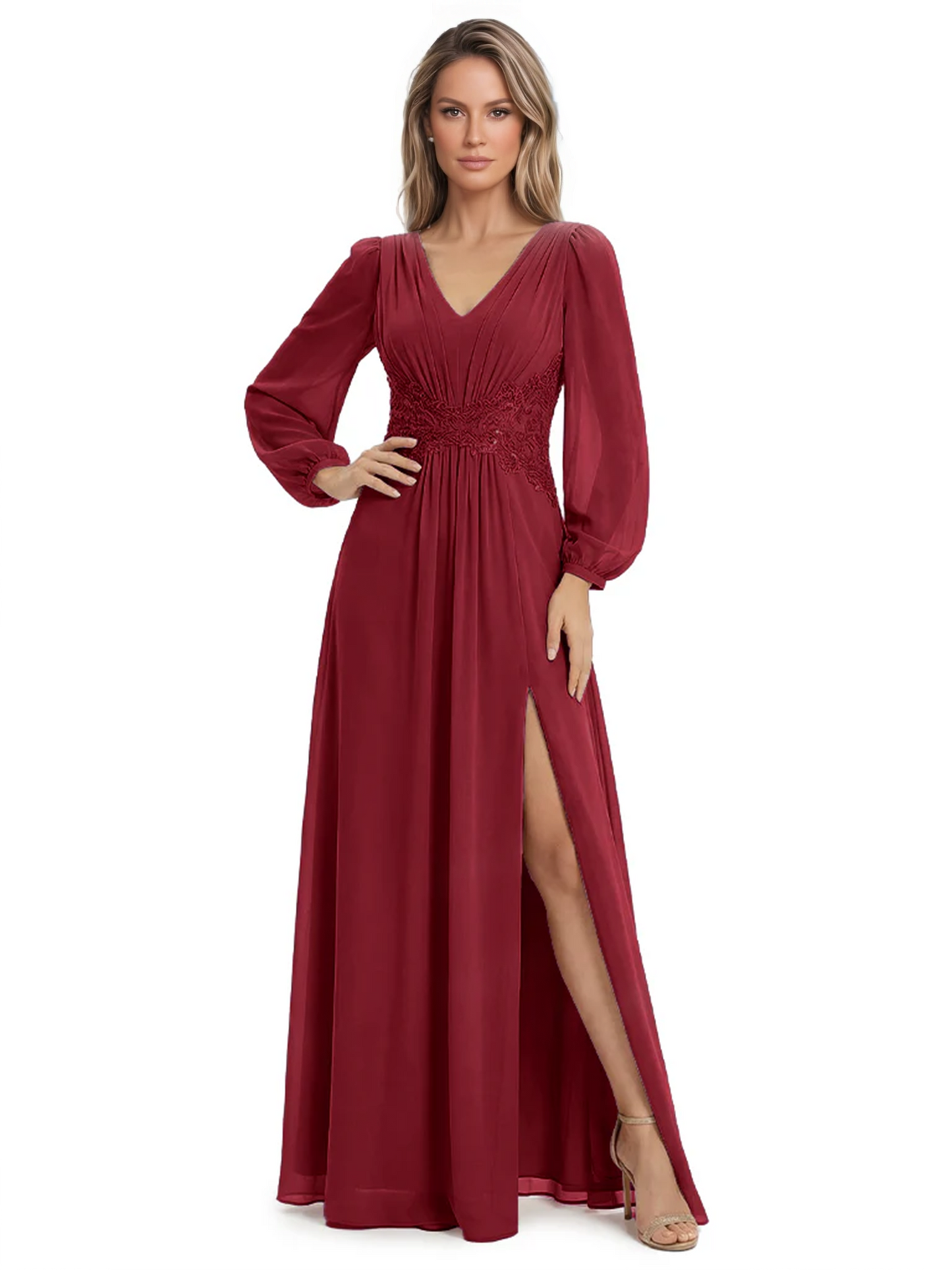 A-Line Mother of Bride Dress V-Neck Chiffon Gown Long Sleeves Slit Formal Dress