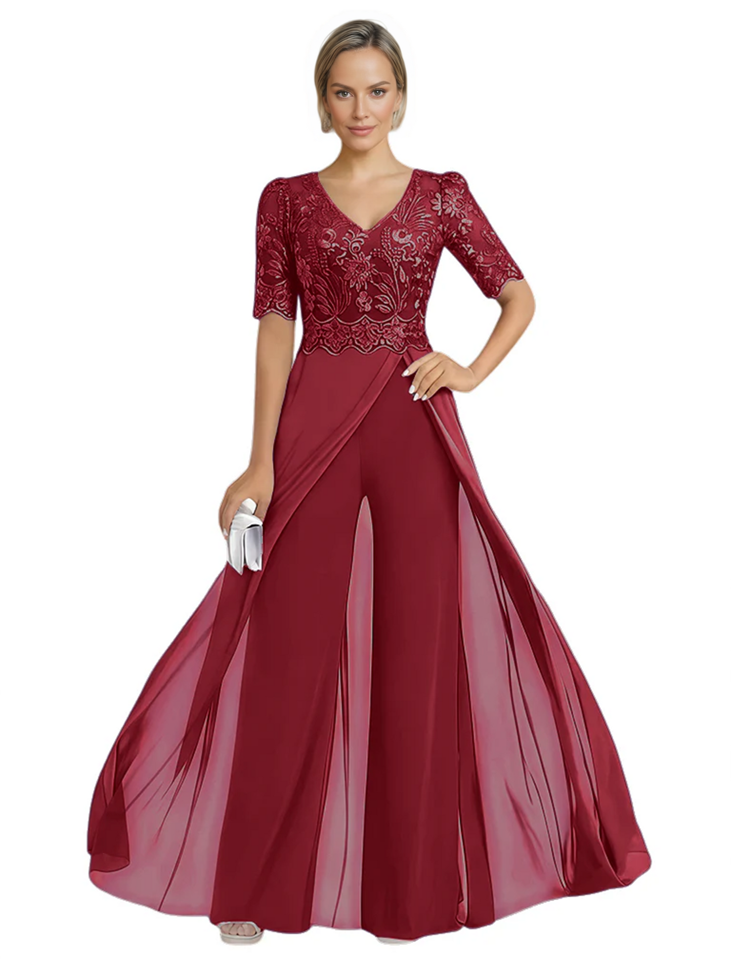 V-Neck Chiffon Mother of the Brides Jumpsuits Dresses Floor Length A-Line Lace