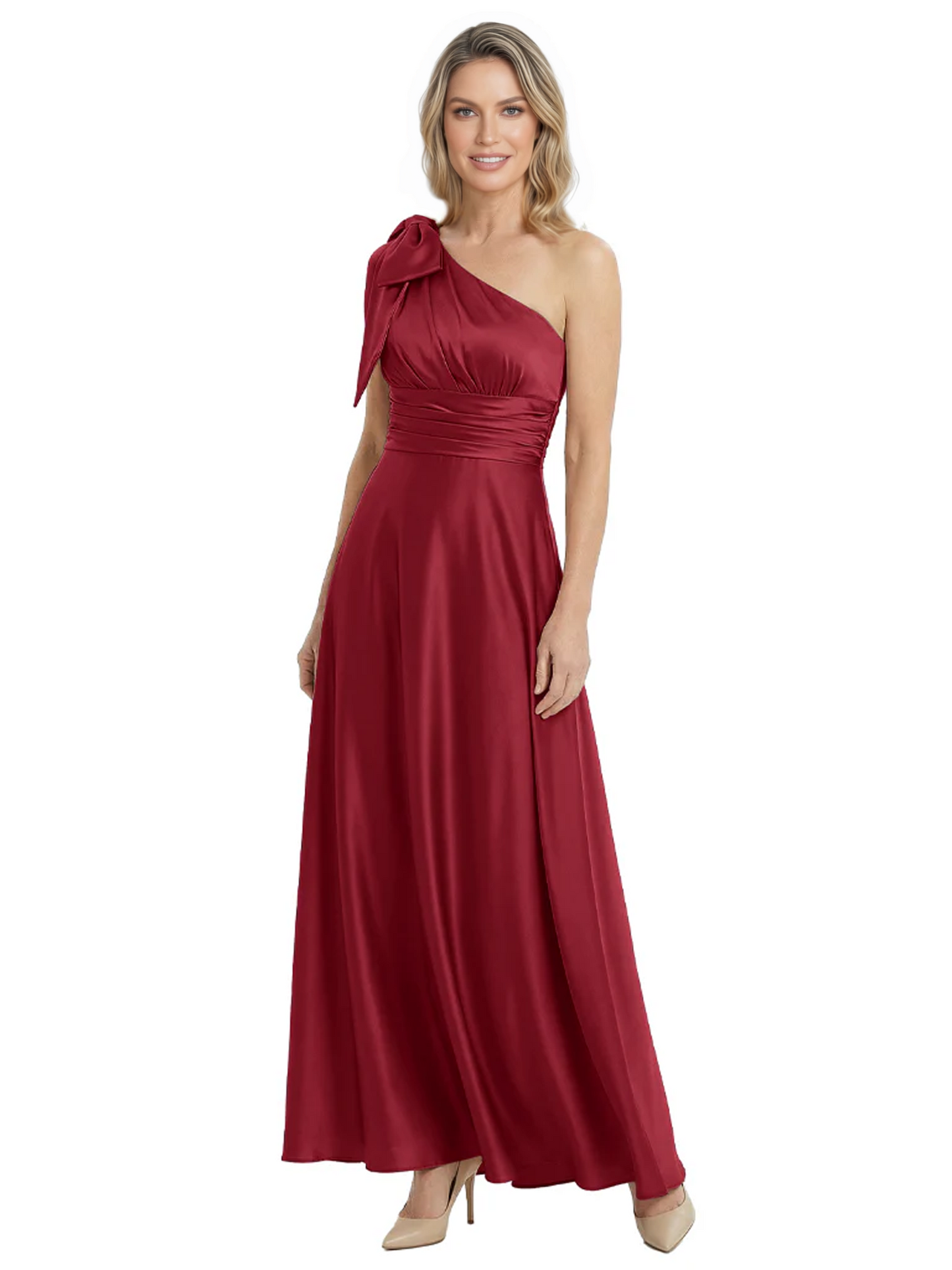 One-Shoulder Mother of the Bride Dress Satin Gown with Bow Ruched Empire Waist