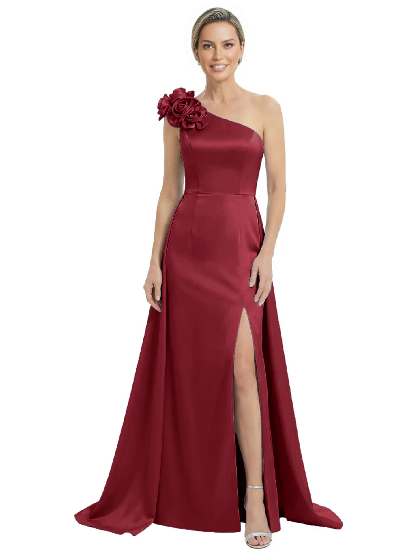 One Shoulder Mother of the Bride Dress with 3D Floral Detail Formal Dress A-Line Gowns with Slit