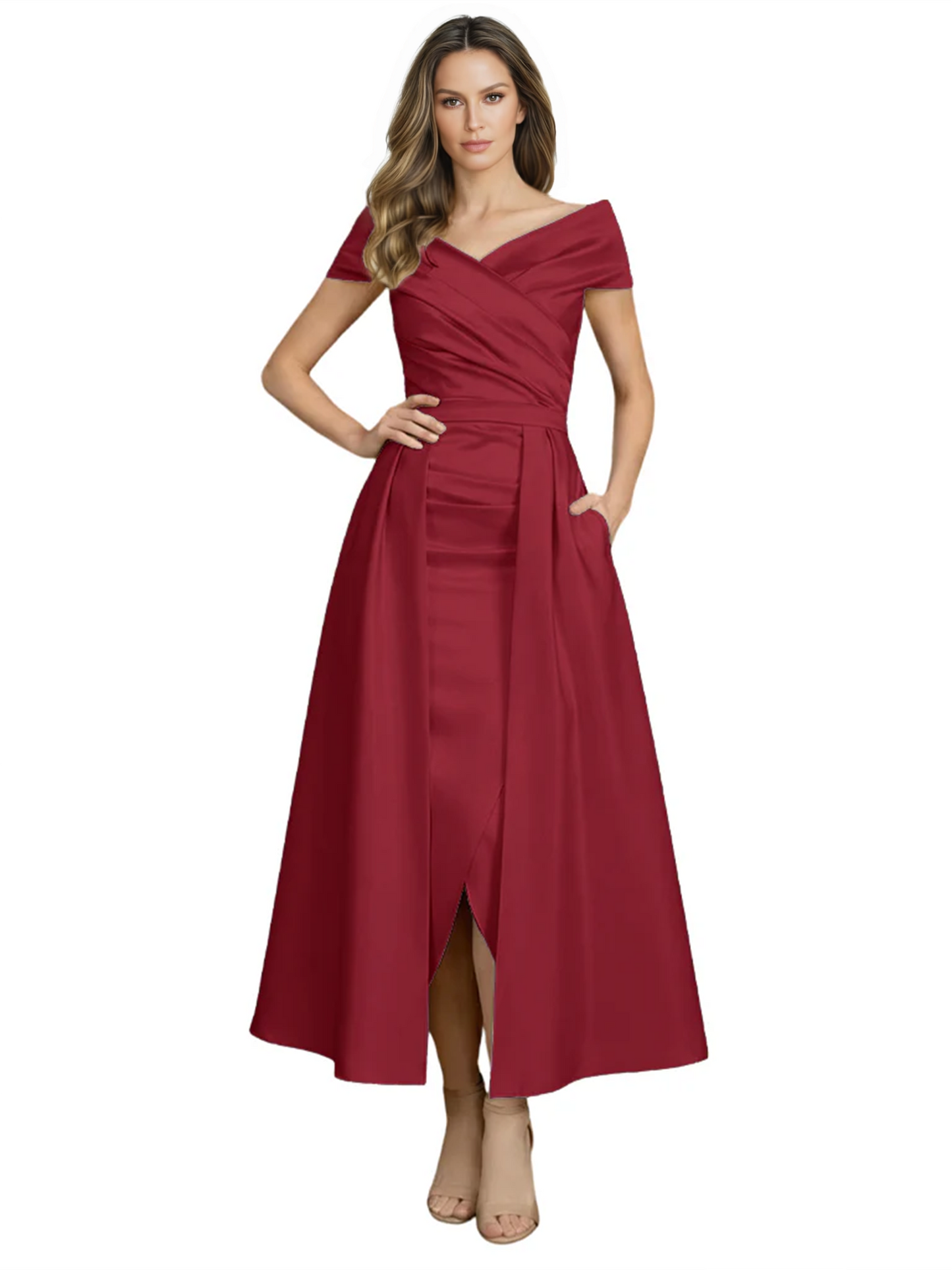 Formal Floor-Length Mother of the Bride Gown Satin Maxi Dress with Slit Off Shoulder