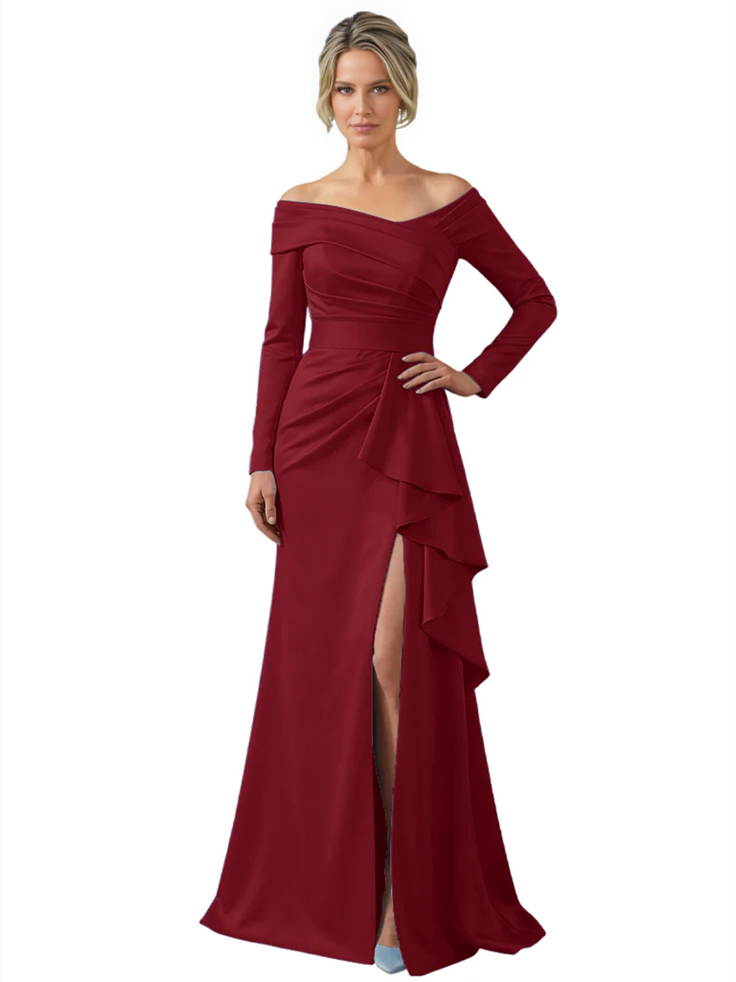 Elegant Mother of the Groom Dress Cascading Ruffle Satin Gown with High Slit Long Sleeves