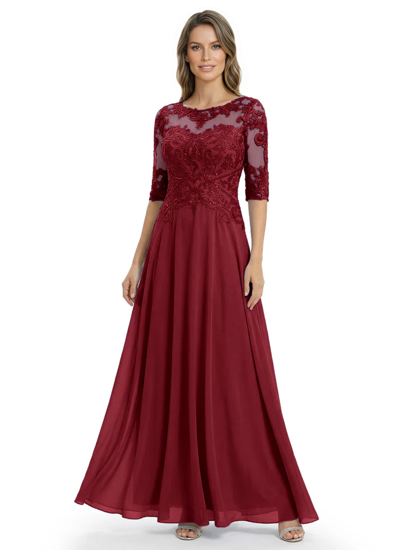 Illusion Neck Mother of the Bride Dress Half Sleeve Lace Applique Gowns Chiffon