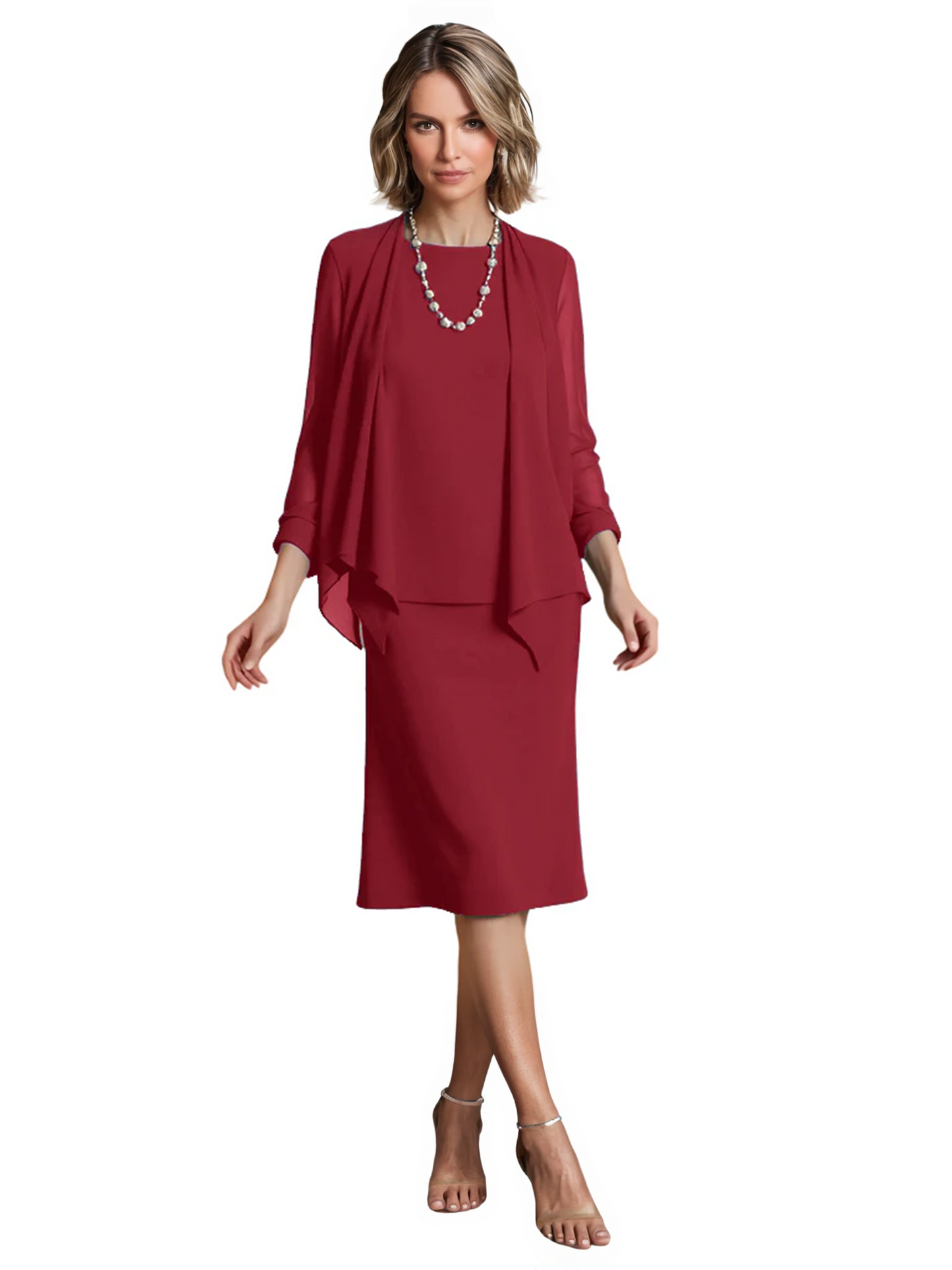 3 PCS Knee-Length Mother of Bride Dresses Prom Dress Evening Dress with Sheer Sleeves and Jacket