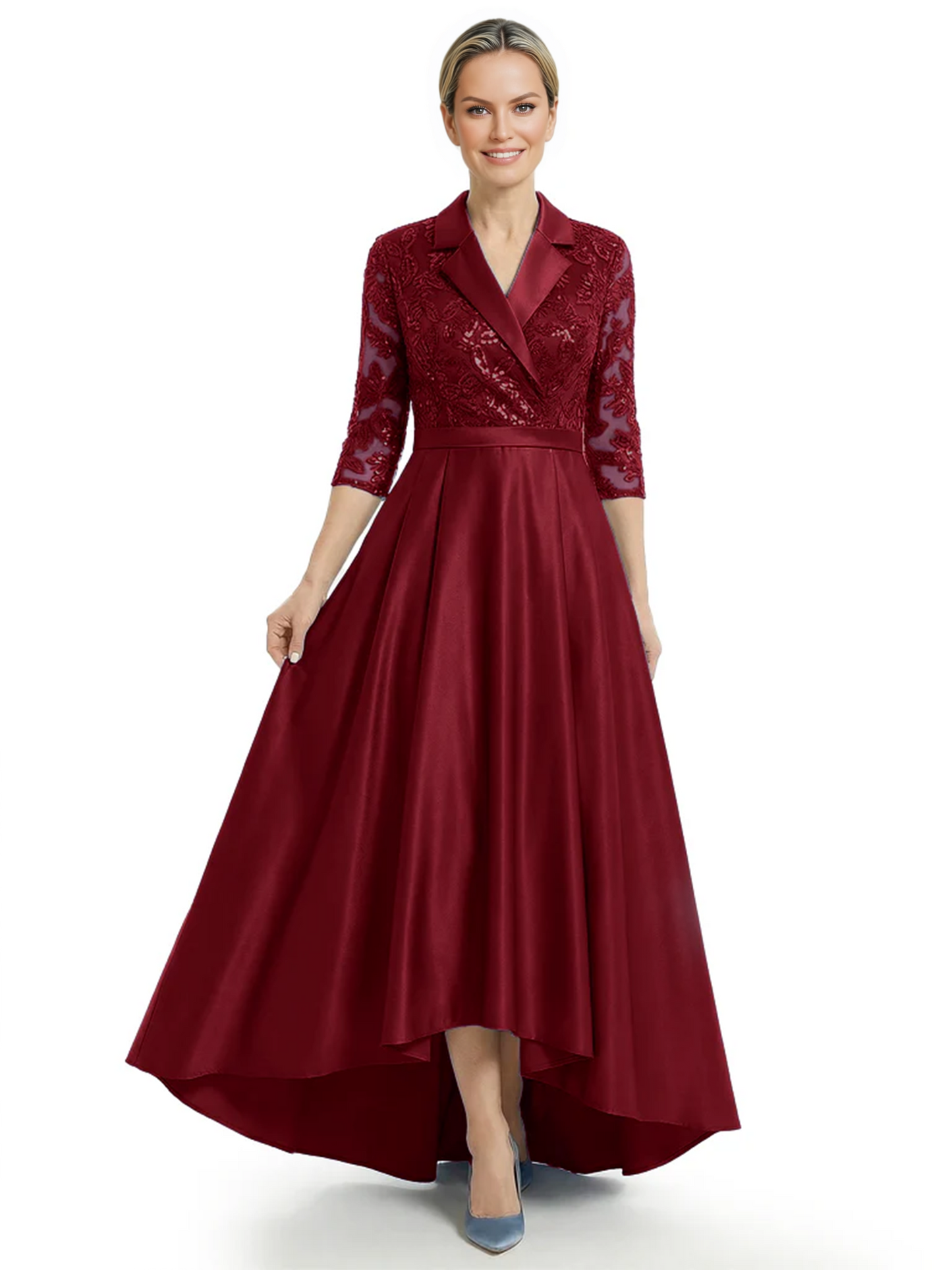 Elegant Mother of Bride Dress Evening Gowns Trending Styles with Lapel Collar 3/4 Sleeves