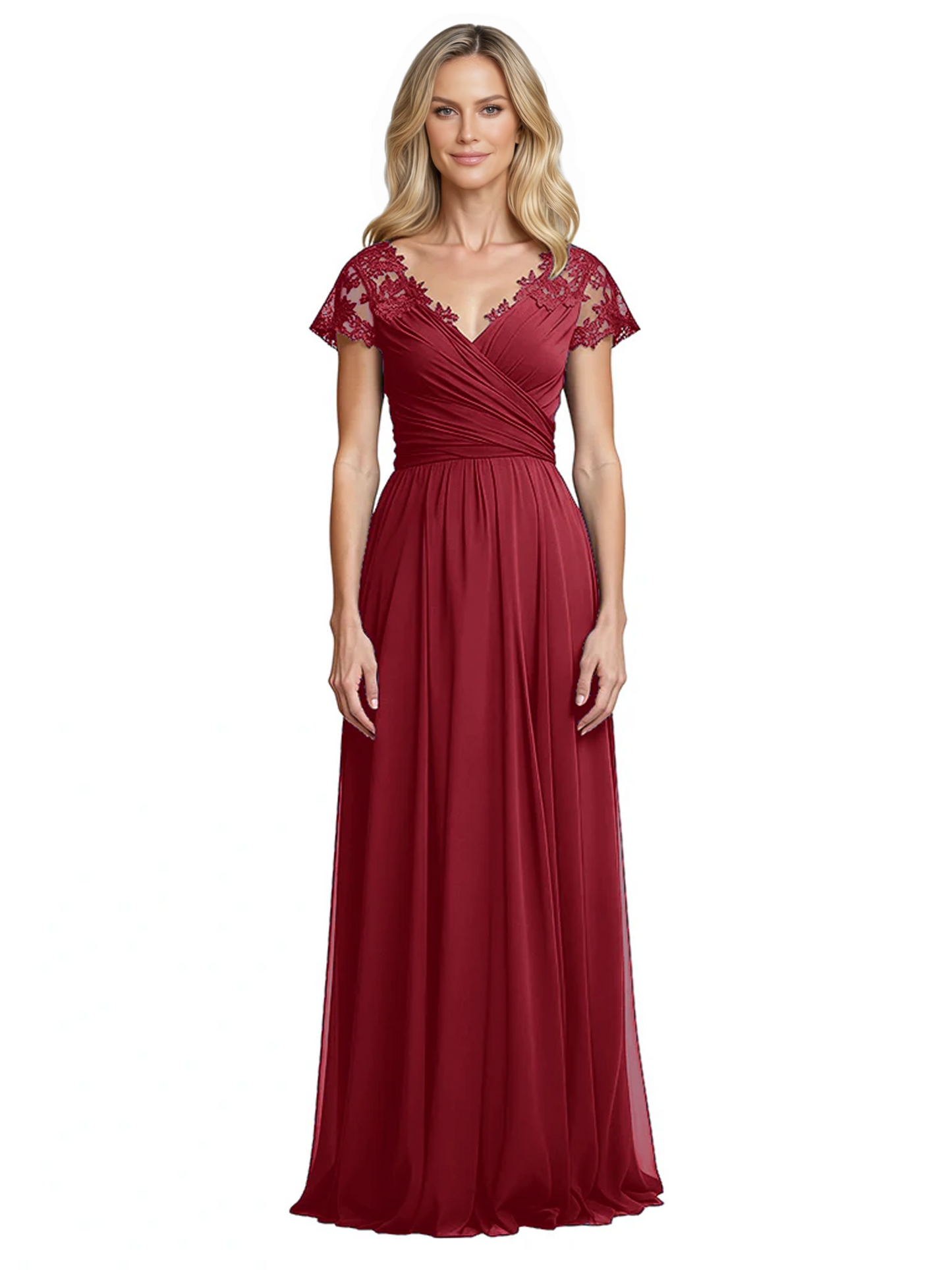 Mother of the Bride Dress Cap Sleeves and V-Neckline with Embroidered Lace Shoulders