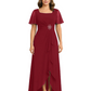 Formal High-Low Mother of the Bride Gown Sleeved Chiffon Maxi Dress Ruched Waist