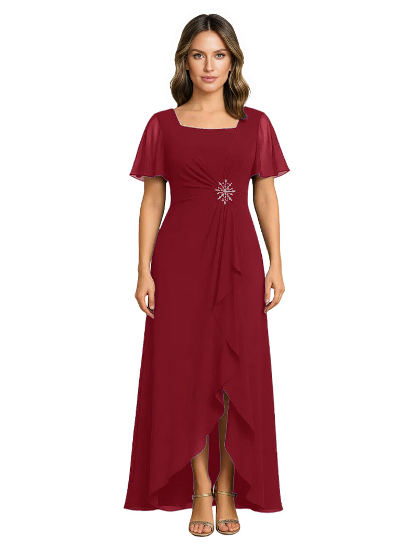 Formal High-Low Mother of the Bride Gown Sleeved Chiffon Maxi Dress Ruched Waist