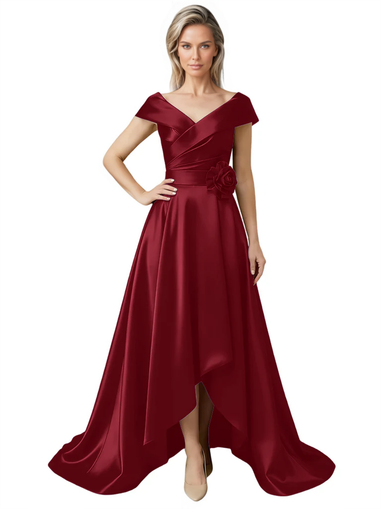 Off Shoulder Mother of the Bride Dress High-Low Satin Gown with Portrait Neckline
