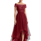 Formal High-Low Mother of the Bride Gown Short Sleeve Lace Maxi Dress with Tiered Skirt