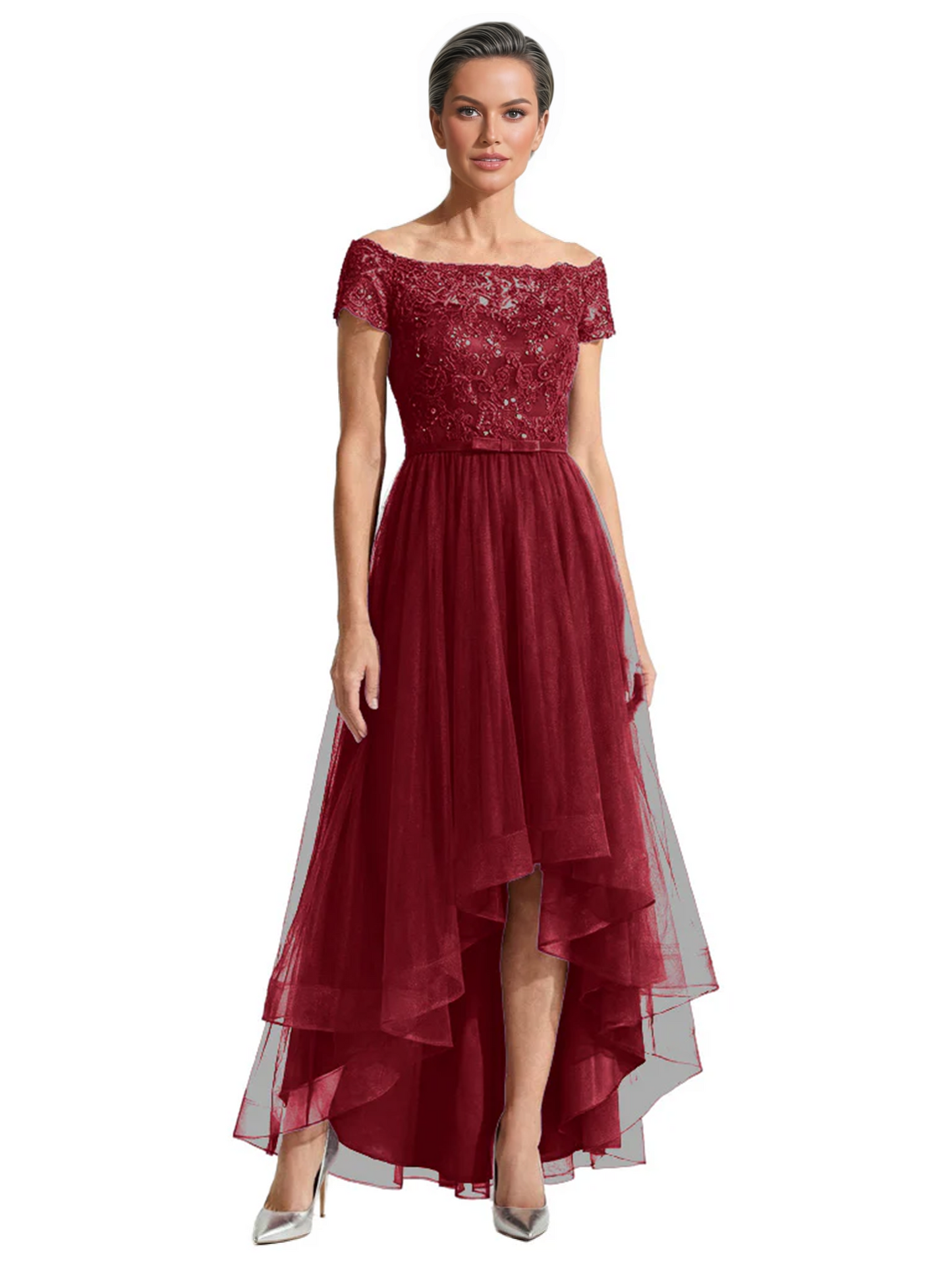 Formal High-Low Mother of the Bride Gown Short Sleeve Lace Maxi Dress with Tiered Skirt