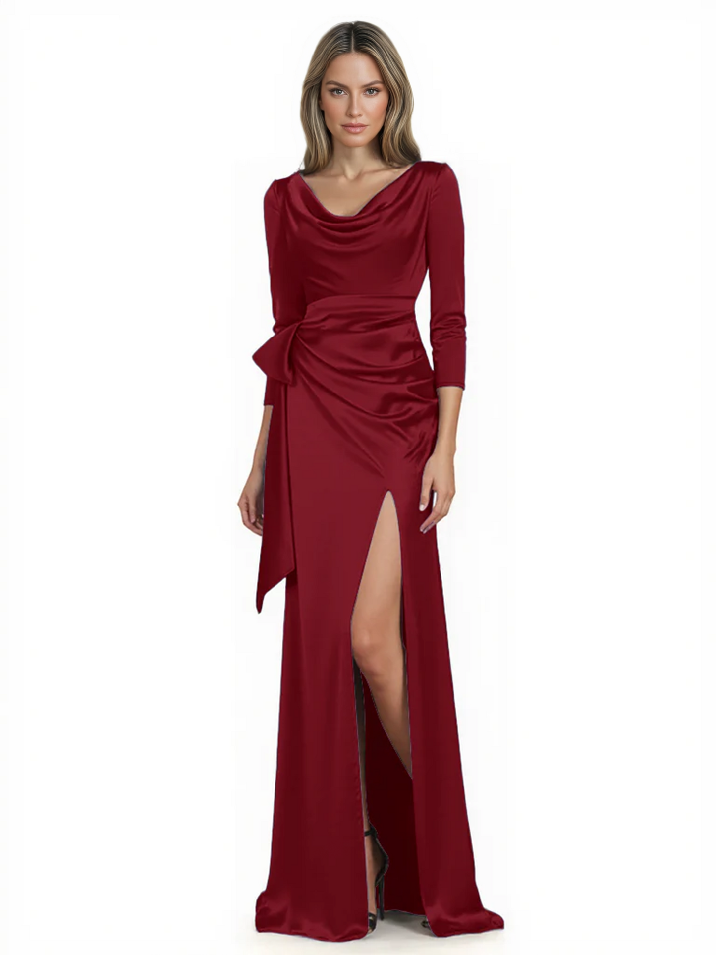 Elegant Evening Gowns Slit Trending Styles Satin Slit Formal Dress Cowl Neckline Gown Tie