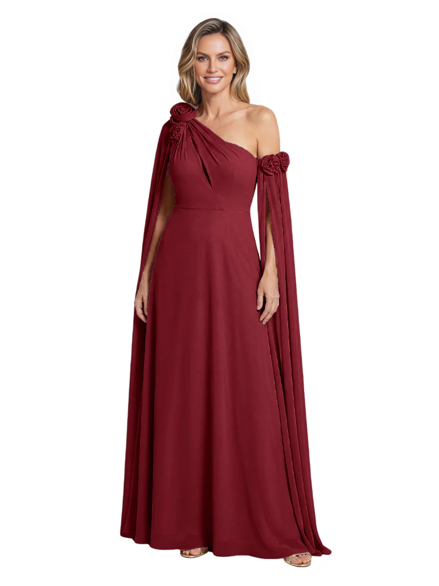 One Shoulder Mother of the Bride Dress Asymmetrical Cape Sleeve Gown with Floral
