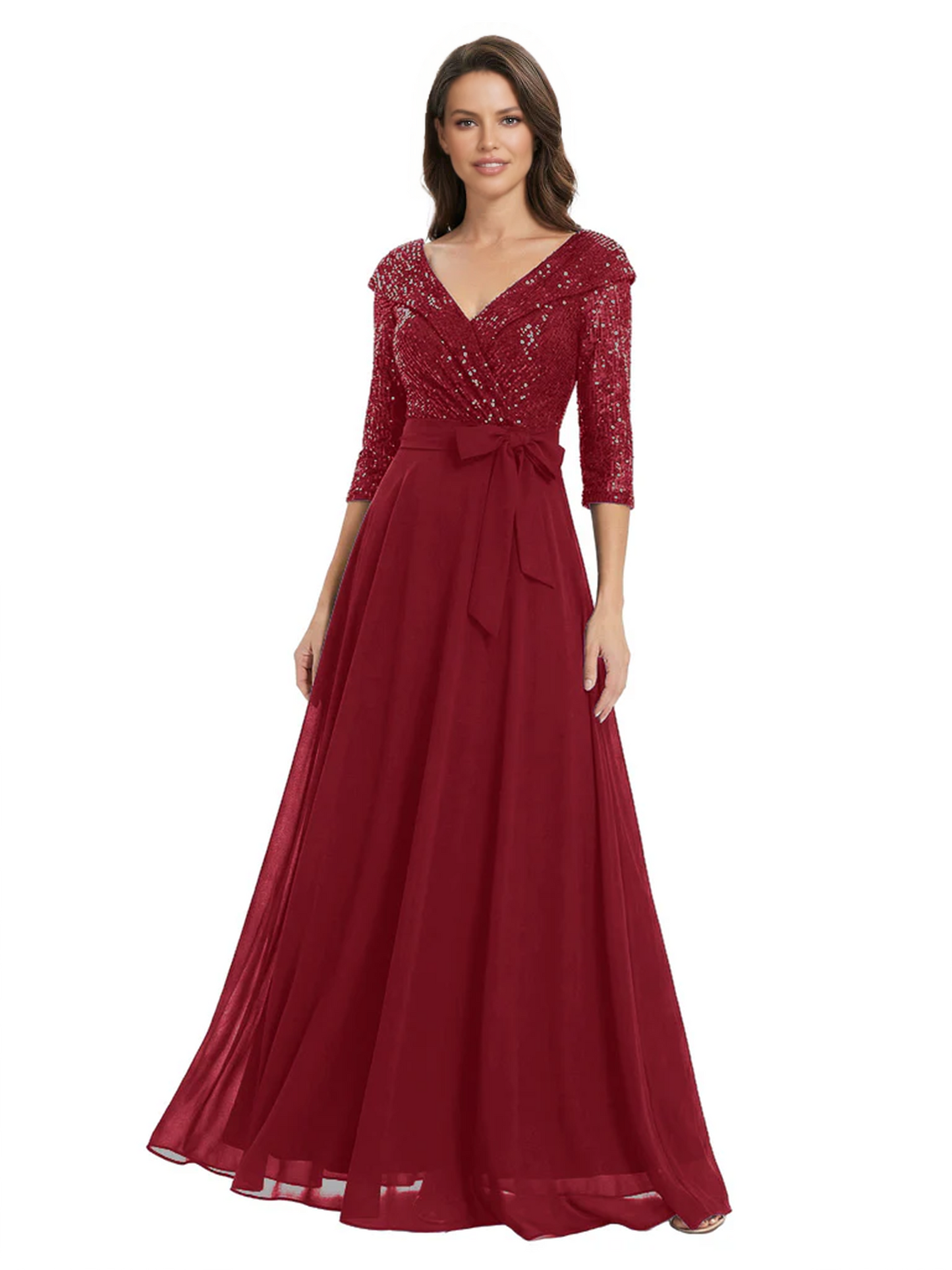 Chiffon Mother of the Bride Dress with Sequin V-Neck and Elegant Bow Sash