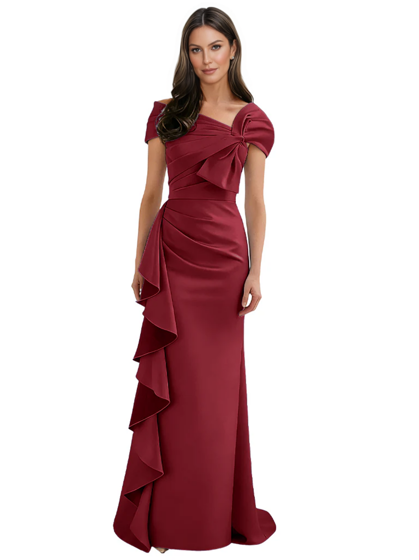 Elegant Mother of Bride Dress Formal Gowns Mermaid Ruffle Floor Length Asymmetric Neckline
