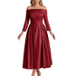 Off Shoulder Mother of the Bride Dress Tea-Length Satin Gown with Lace Applique