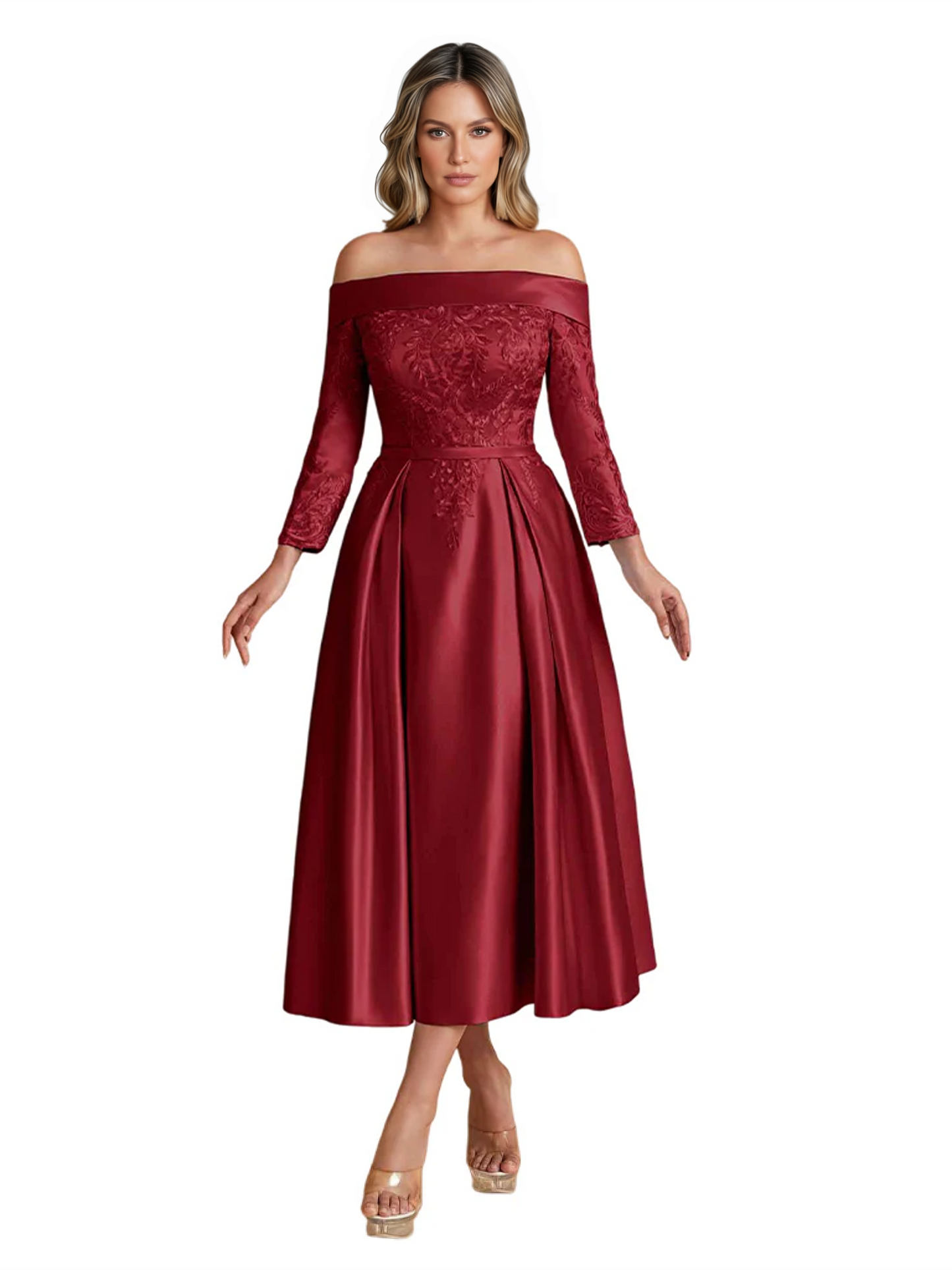 Off Shoulder Mother of the Bride Dress Tea-Length Satin Gown with Lace Applique
