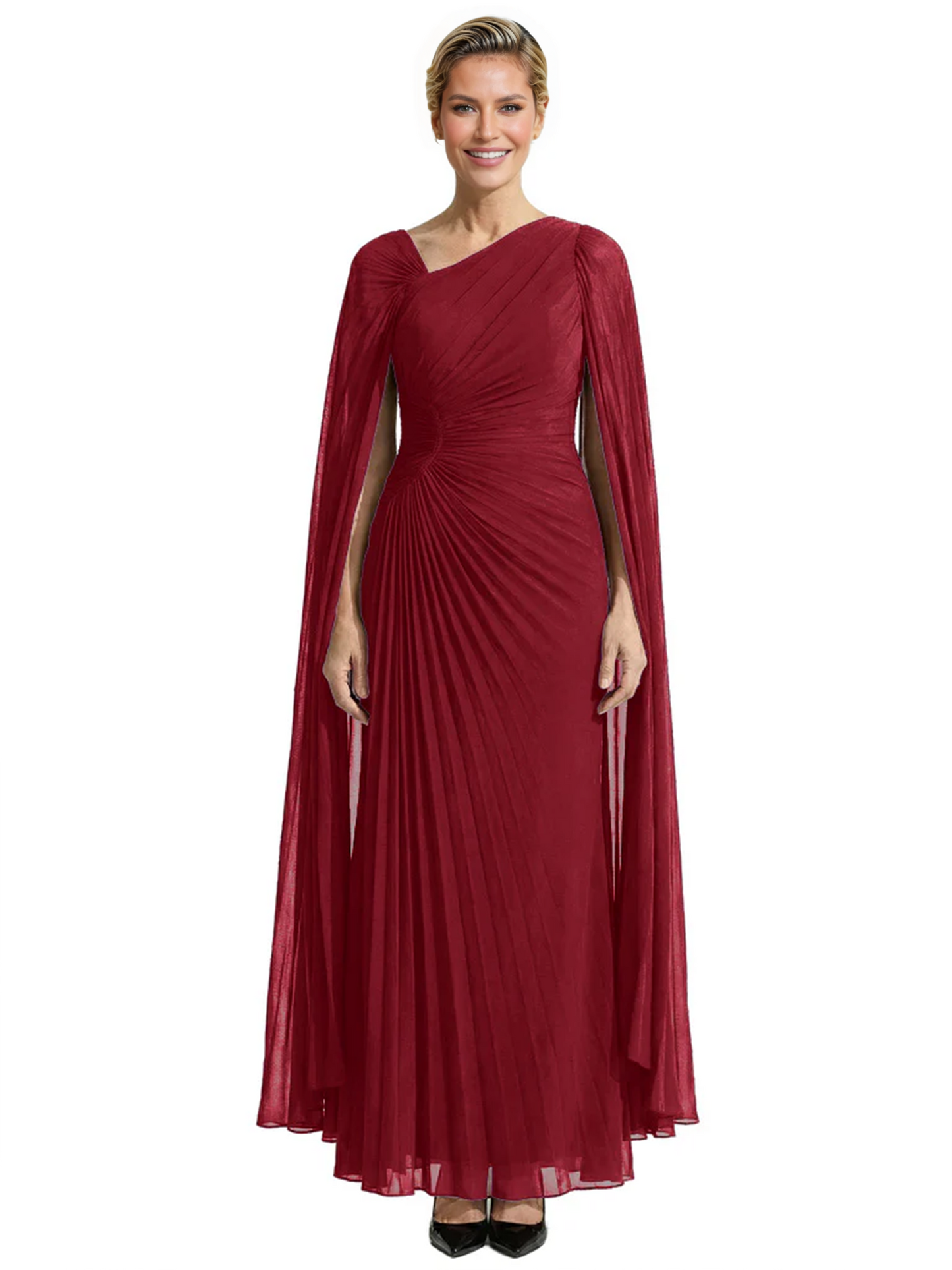 Elegant Asymmetric Neck Long A-Line Chiffon Mother of the Brides Dresses Mom Outfit with Cape