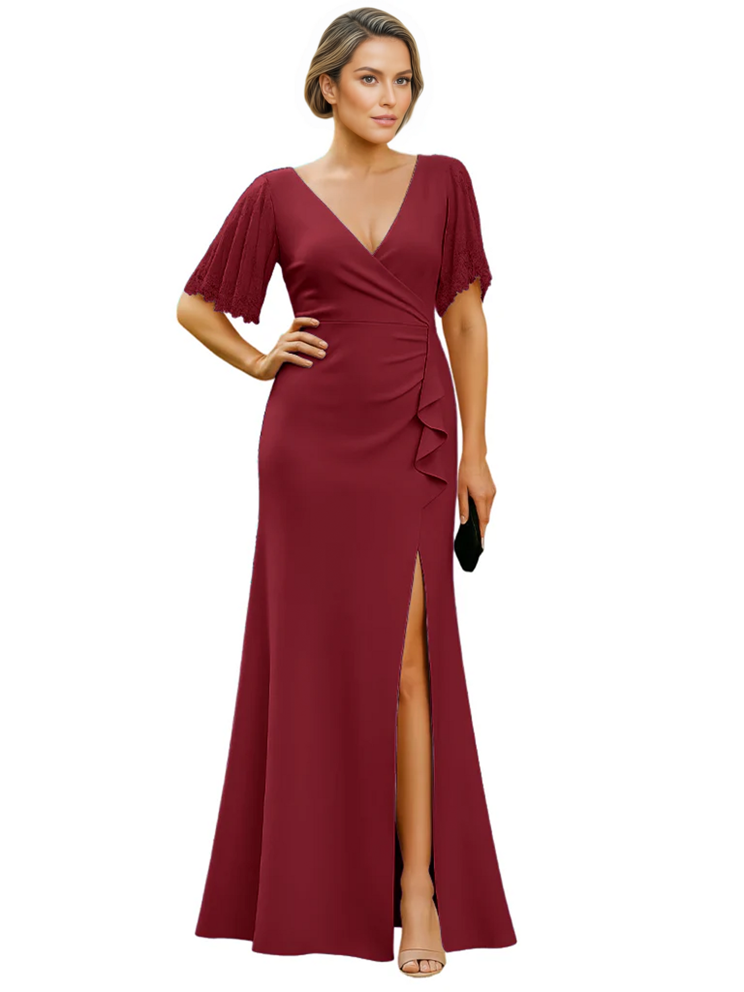 Elegant Evening Gown Trending V-Neck & Ruffle Detail Mother of Bride Outfits Slit