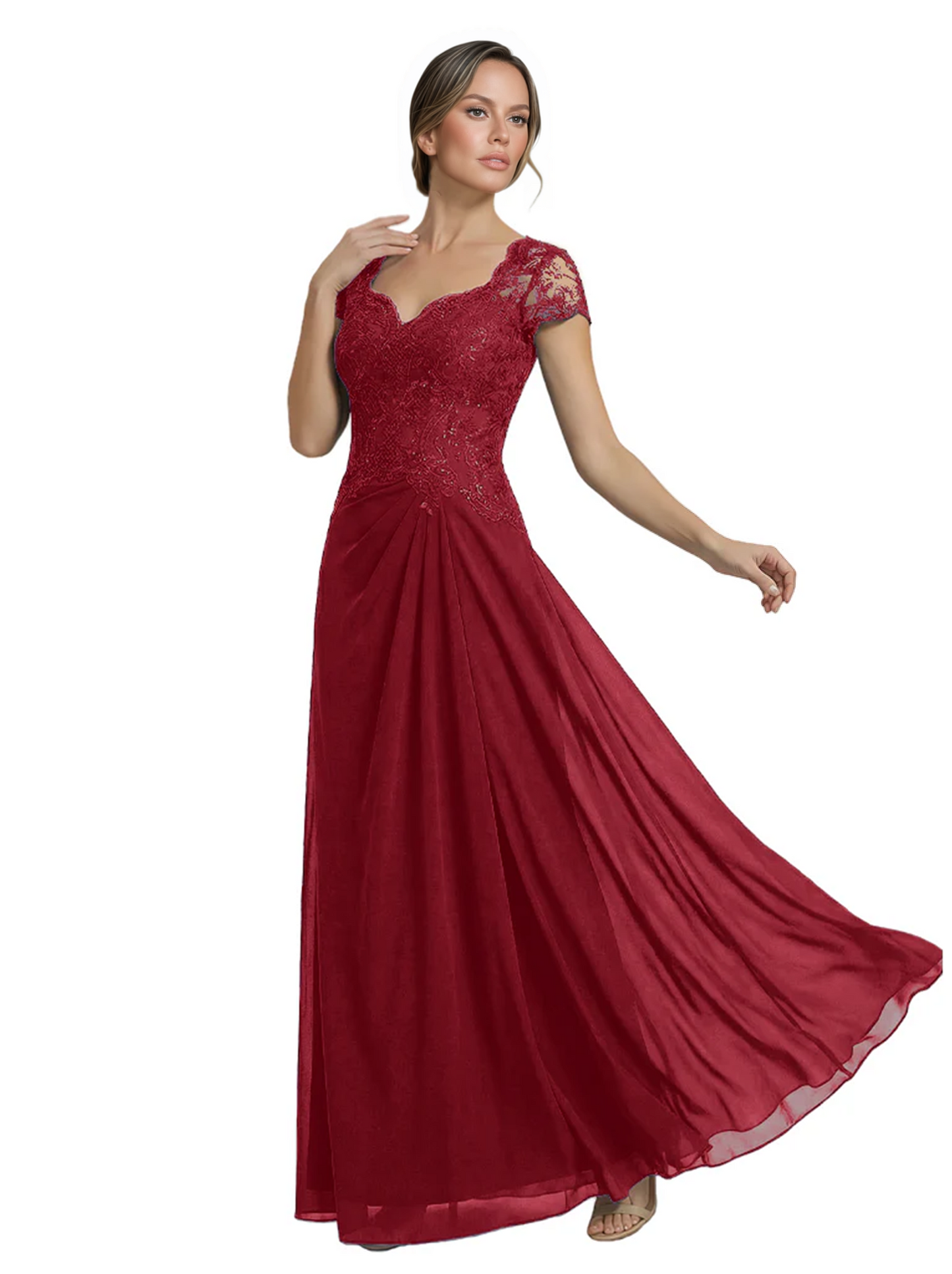 Long A-line Chiffon Short Sleeves Mother of the Brides Dresses Lace Wedding