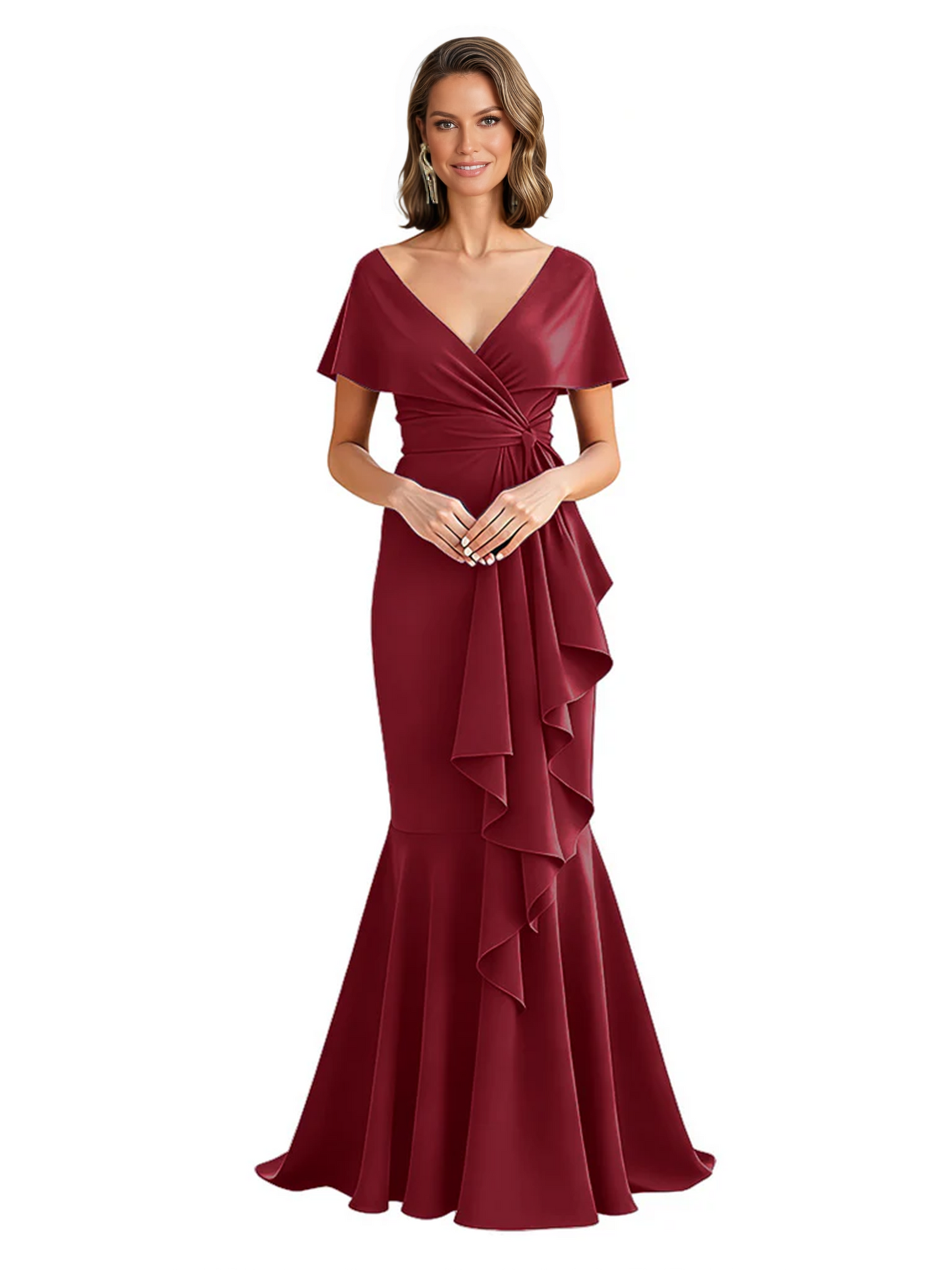 Satin Mother of the Bride Dress with Cascading Ruffles and Mermaid Tail V-Neck